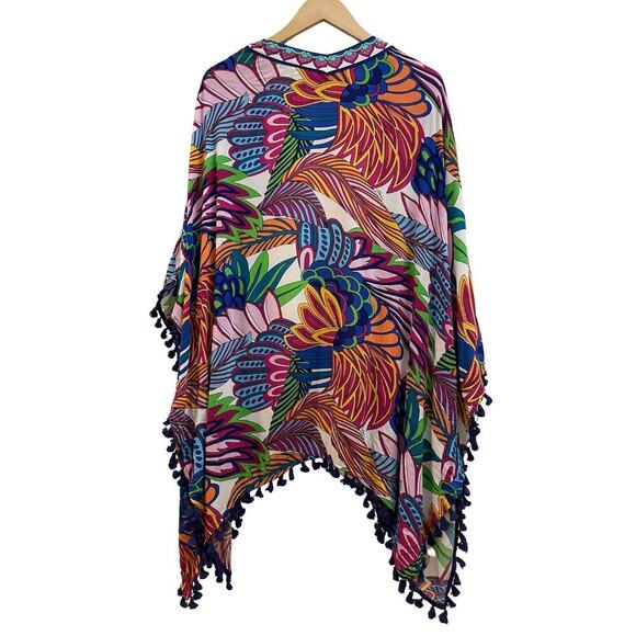 Trina Turk Paradise Plume Kimono Cover-Up OS | Tropical Tassel Trim, Bold Print - Picture 5 of 5